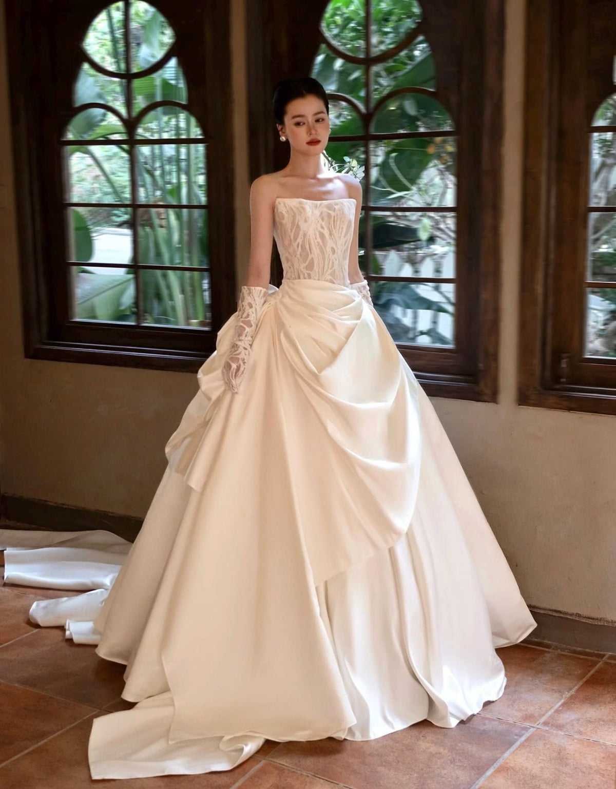Strapless Illusion Lace Satin Ballgown Wedding Dress, Draped Voluminous Bridal Gown With Train