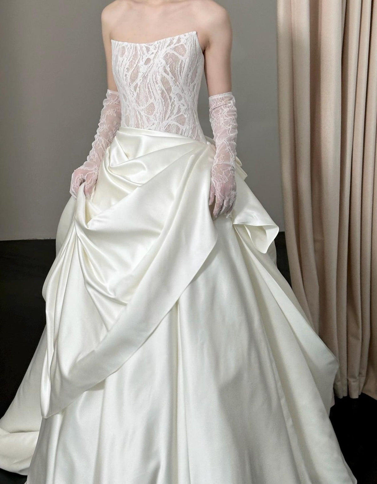 Strapless Illusion Lace Satin Ballgown Wedding Dress, Draped Voluminous Bridal Gown With Train