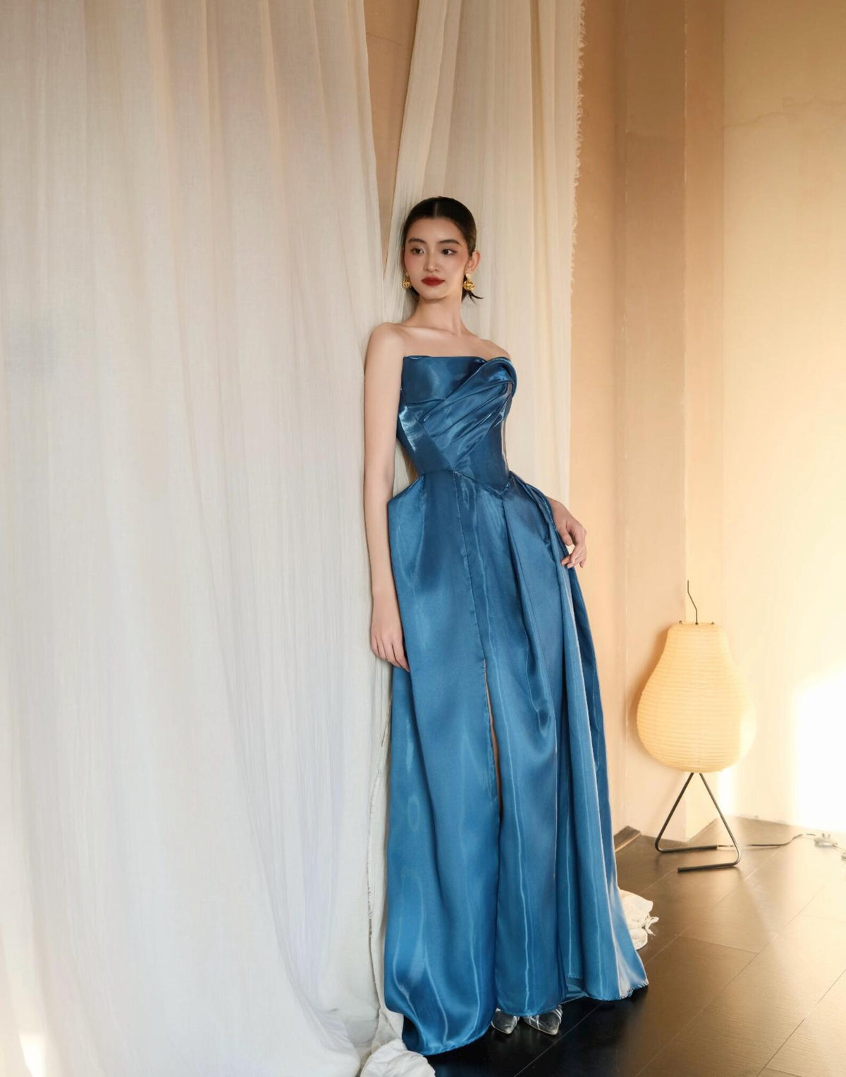 Strapless Draped Satin Evening Gown, Luxury Blue Formal Maxi Dress With Pockets