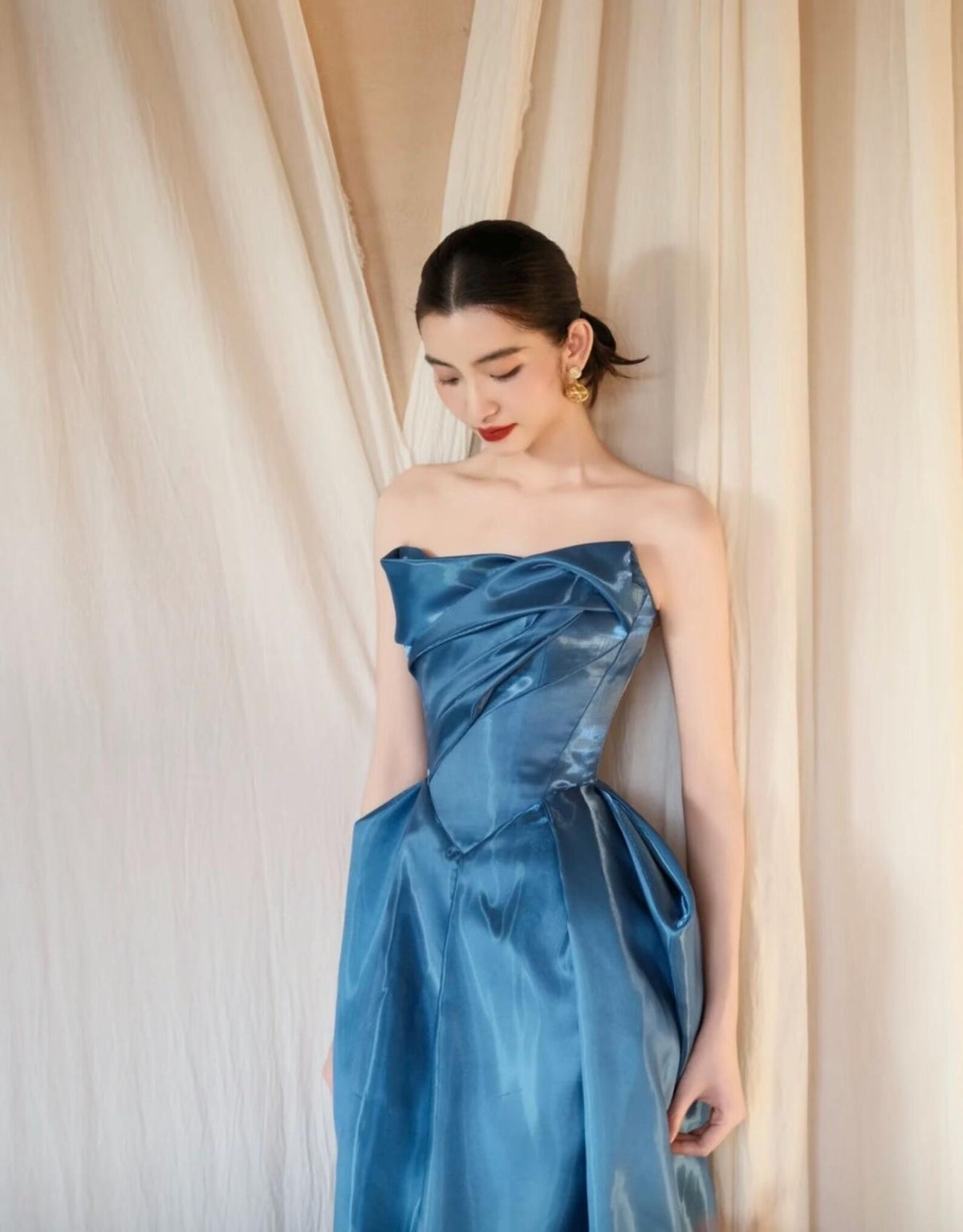 Strapless Draped Satin Evening Gown, Luxury Blue Formal Maxi Dress With Pockets