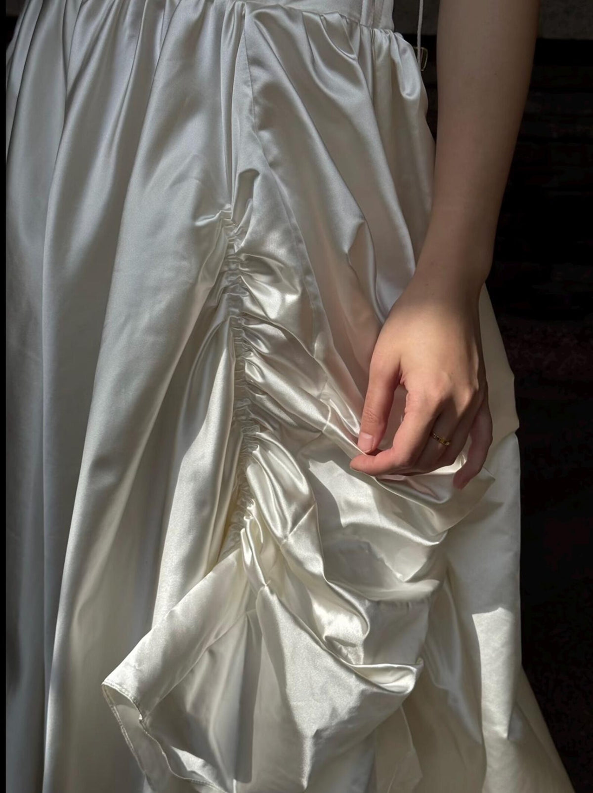 Off‑the‑Shoulder Satin Ballgown Wedding Dress, Draped Ruched Skirt Bridal Gown With Train