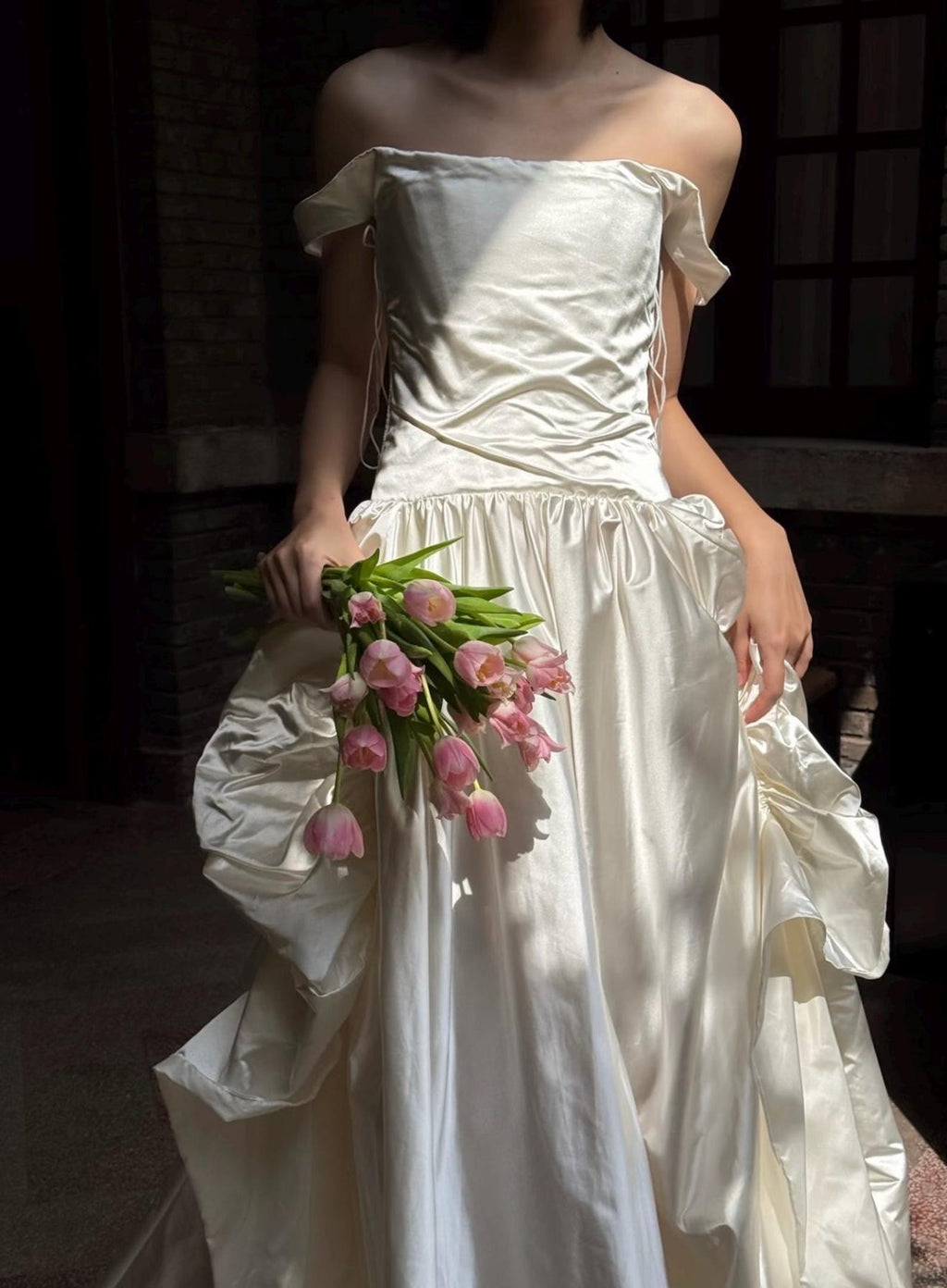 Off‑the‑Shoulder Satin Ballgown Wedding Dress, Draped Ruched Skirt Bridal Gown With Train