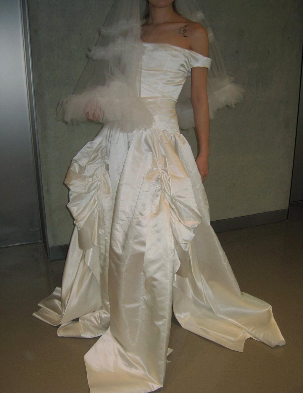 Off‑the‑Shoulder Satin Ballgown Wedding Dress, Draped Ruched Skirt Bridal Gown With Train