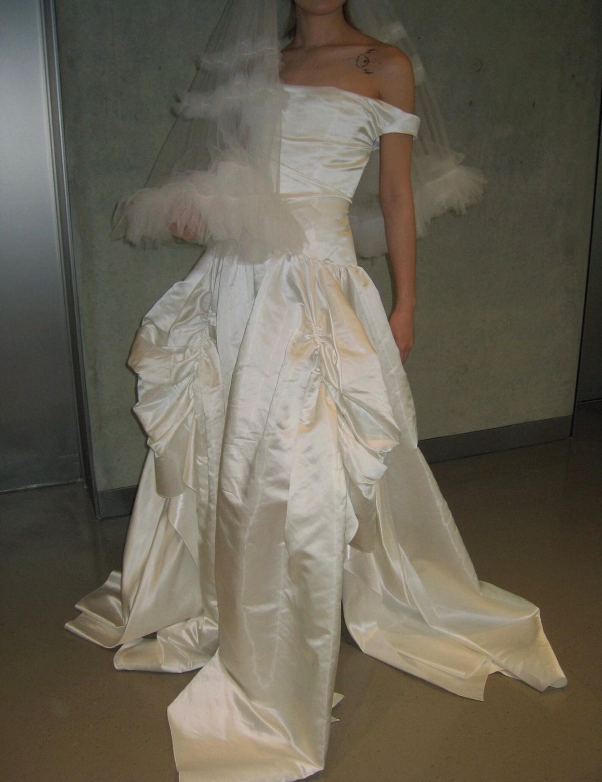 Off‑the‑Shoulder Satin Ballgown Wedding Dress, Draped Ruched Skirt Bridal Gown With Train