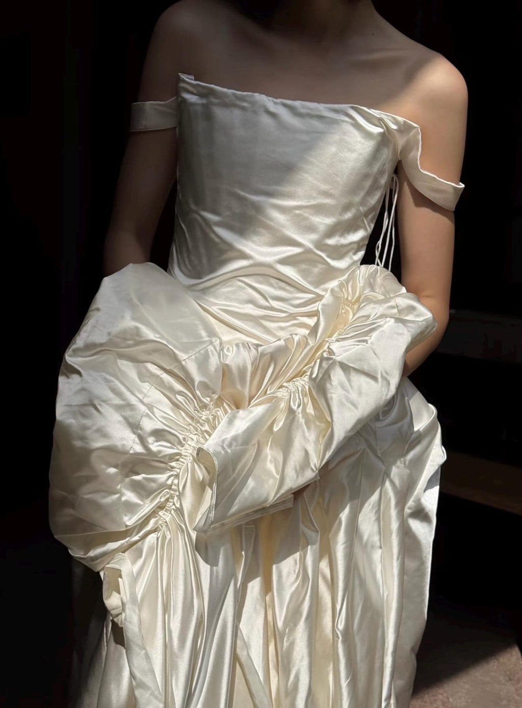 Off‑the‑Shoulder Satin Ballgown Wedding Dress, Draped Ruched Skirt Bridal Gown With Train