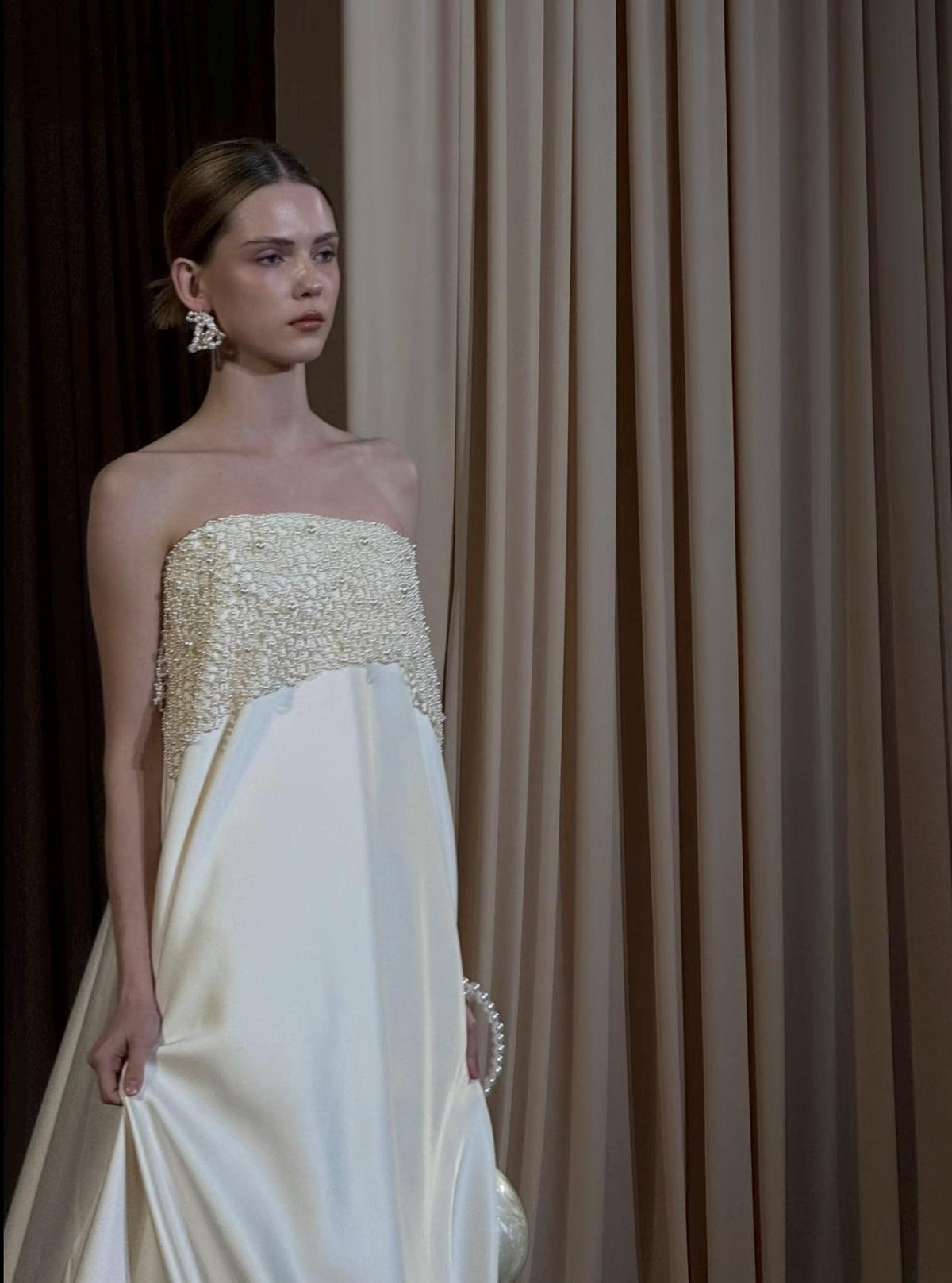 Modern Strapless Satin Wedding Dress, Hand‑Beaded Pearl Bodice Minimalist Bridal Gown