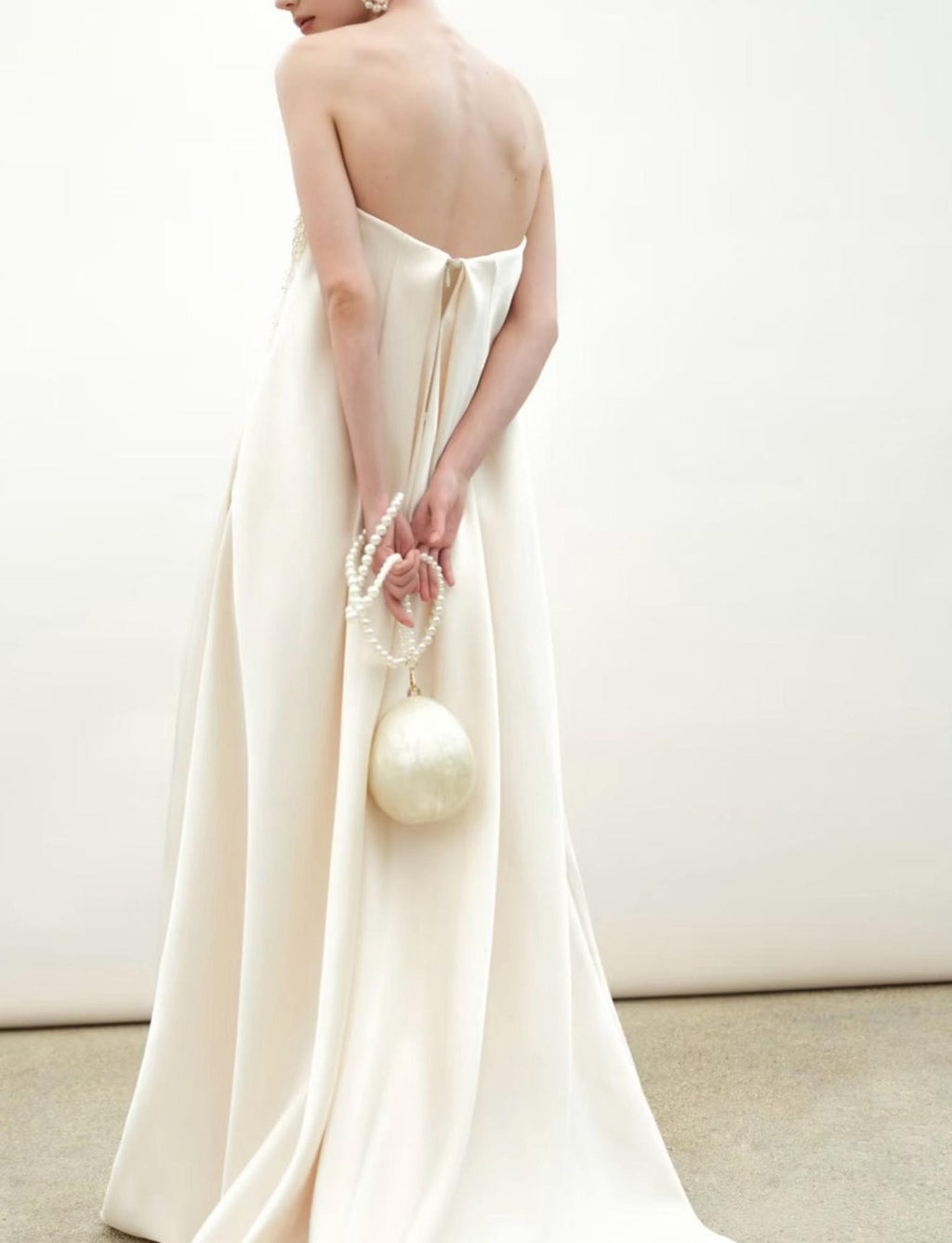 Modern Strapless Satin Wedding Dress, Hand‑Beaded Pearl Bodice Minimalist Bridal Gown