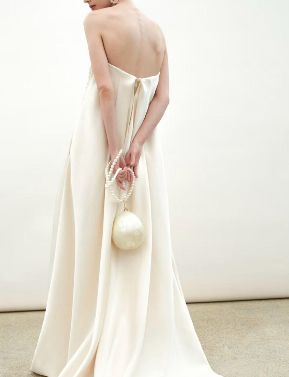 Modern Strapless Satin Wedding Dress, Hand‑Beaded Pearl Bodice Minimalist Bridal Gown