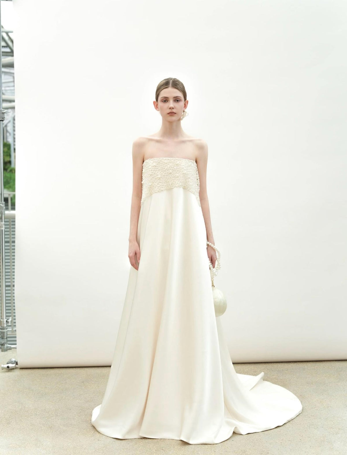 Modern Strapless Satin Wedding Dress, Hand‑Beaded Pearl Bodice Minimalist Bridal Gown