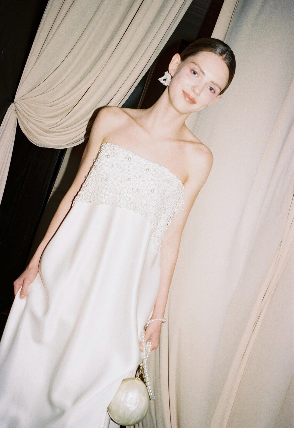 Modern Strapless Satin Wedding Dress, Hand‑Beaded Pearl Bodice Minimalist Bridal Gown