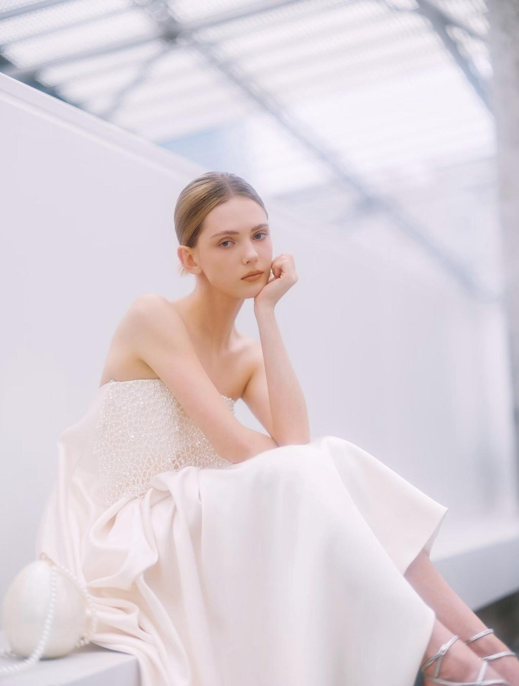 Modern Strapless Satin Wedding Dress, Hand‑Beaded Pearl Bodice Minimalist Bridal Gown