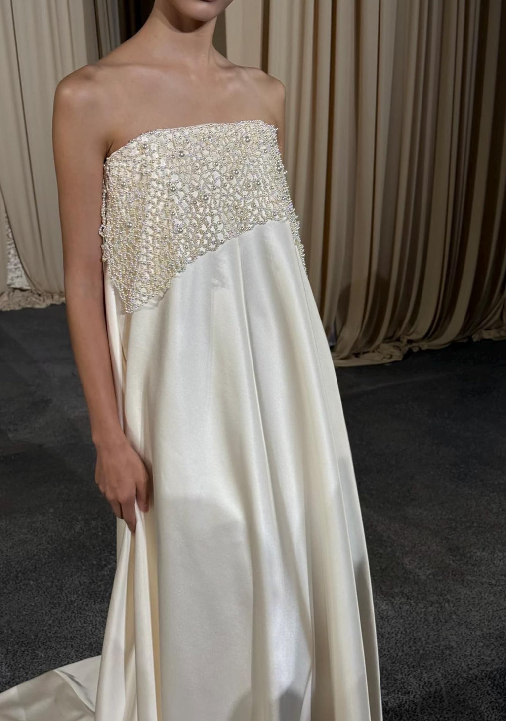 Modern Strapless Satin Wedding Dress, Hand‑Beaded Pearl Bodice Minimalist Bridal Gown