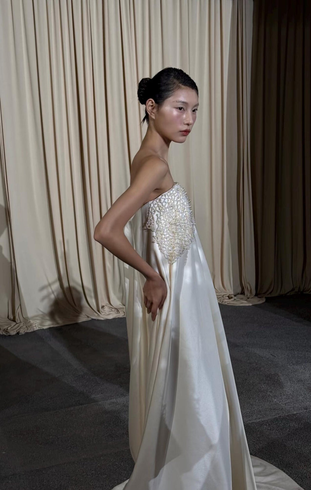 Modern Strapless Satin Wedding Dress, Hand‑Beaded Pearl Bodice Minimalist Bridal Gown