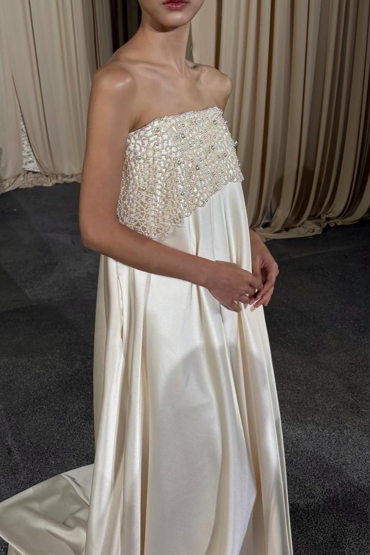 Modern Strapless Satin Wedding Dress, Hand‑Beaded Pearl Bodice Minimalist Bridal Gown