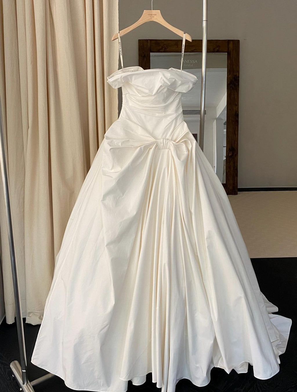 Off White Satin Wedding Gown, Off The Shoulder Bridal Dress, Big Bow A Line Wedding Dress With Train, Simple Minimalist Wedding Dress