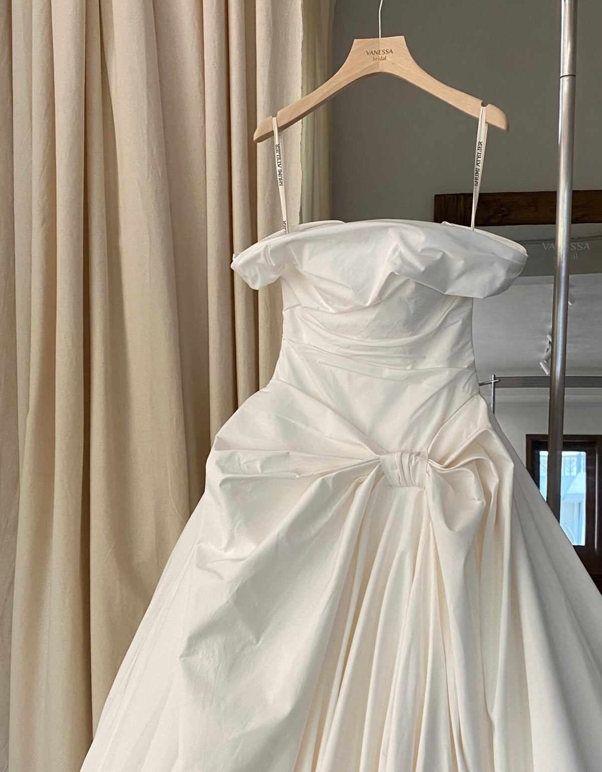 Off White Satin Wedding Gown, Off The Shoulder Bridal Dress, Big Bow A Line Wedding Dress With Train, Simple Minimalist Wedding Dress