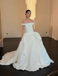 Off White Satin Wedding Gown, Off The Shoulder Bridal Dress, Big Bow A Line Wedding Dress With Train, Simple Minimalist Wedding Dress