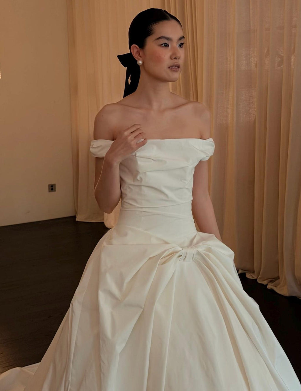 Off White Satin Wedding Gown, Off The Shoulder Bridal Dress, Big Bow A Line Wedding Dress With Train, Simple Minimalist Wedding Dress