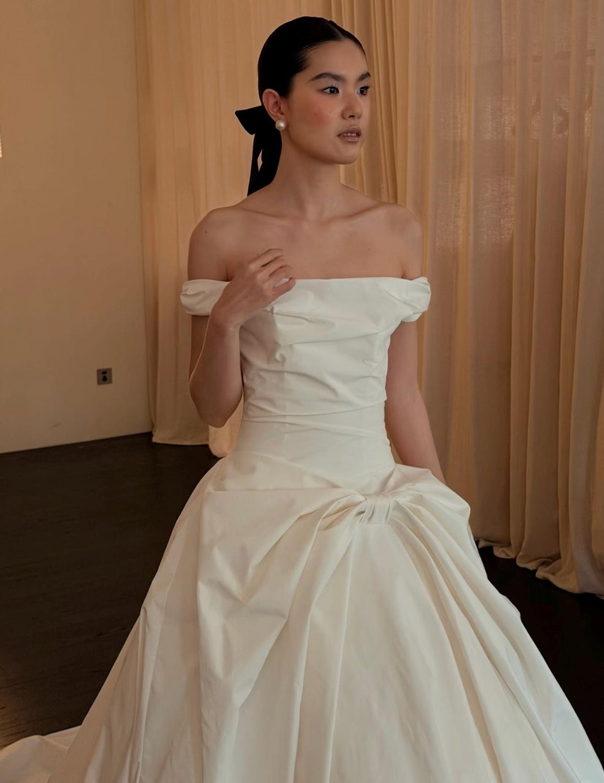 Off White Satin Wedding Gown, Off The Shoulder Bridal Dress, Big Bow A Line Wedding Dress With Train, Simple Minimalist Wedding Dress