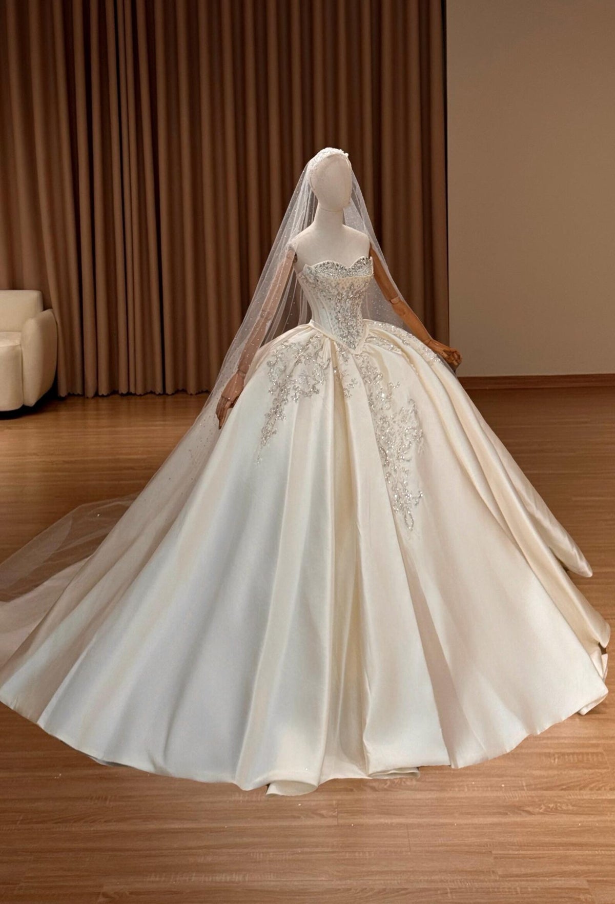 Sweetheart Satin Wedding Gown, Beaded Lace Bridal Dress, Heavy Embellished Ballgown Wedding Dress, Custom Luxury Wedding Gown