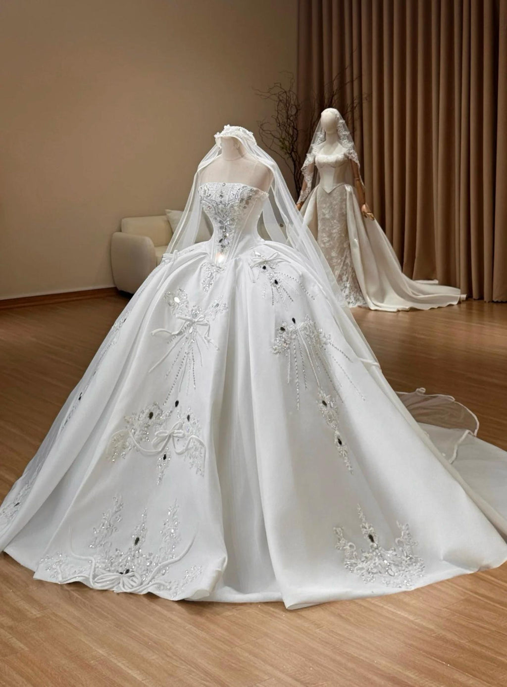 Strapless Satin Ballgown Wedding Gown, Hand Beaded Lace Bridal Dress, Bow Embellished Luxury Custom Wedding Dress With Train