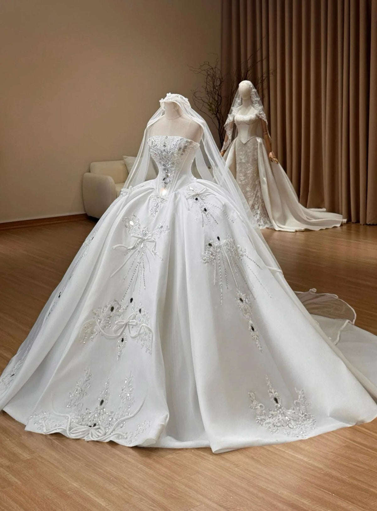 Strapless Satin Ballgown Wedding Gown, Hand Beaded Lace Bridal Dress, Bow Embellished Luxury Custom Wedding Dress With Train