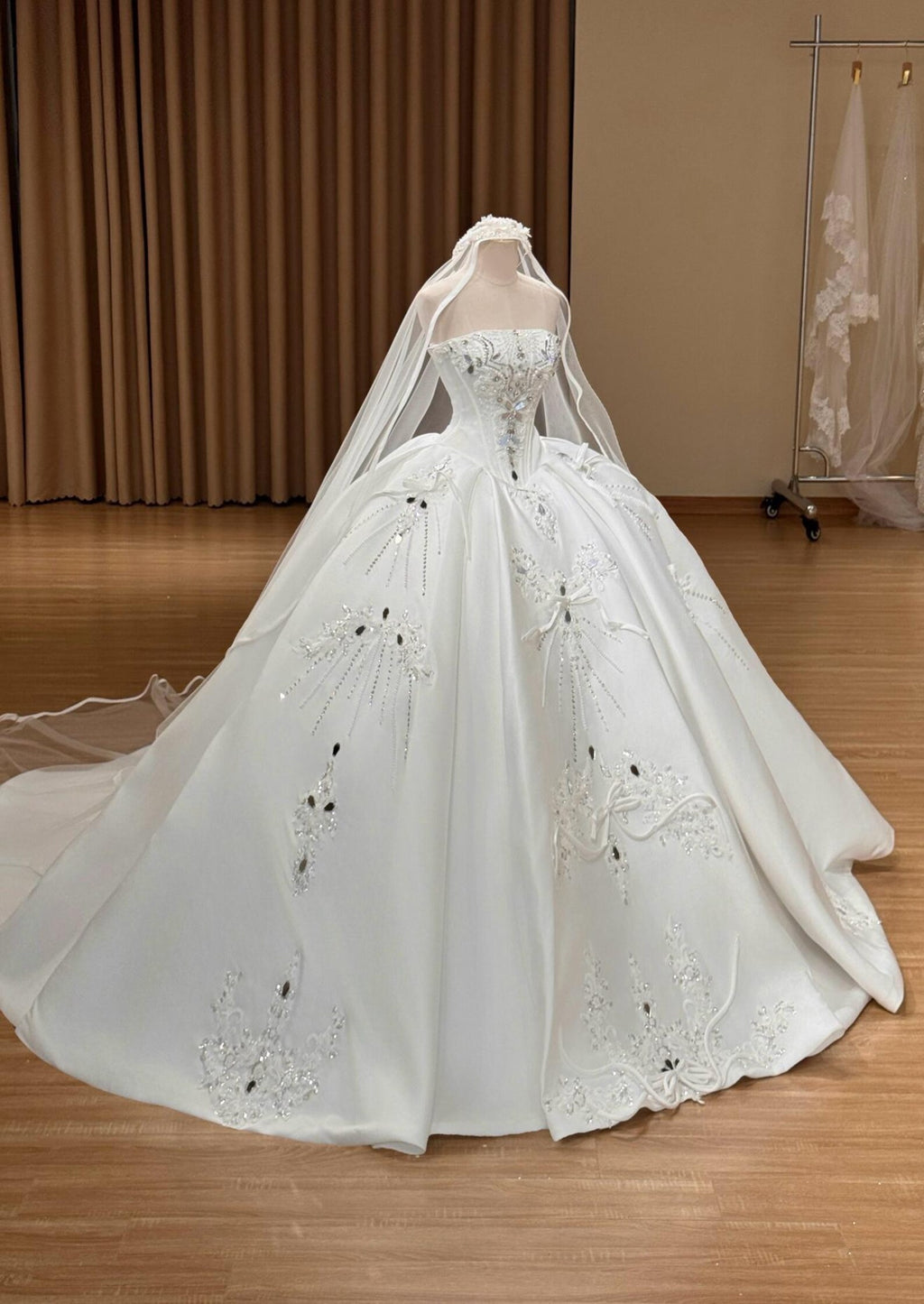 Strapless Satin Ballgown Wedding Gown, Hand Beaded Lace Bridal Dress, Bow Embellished Luxury Custom Wedding Dress With Train