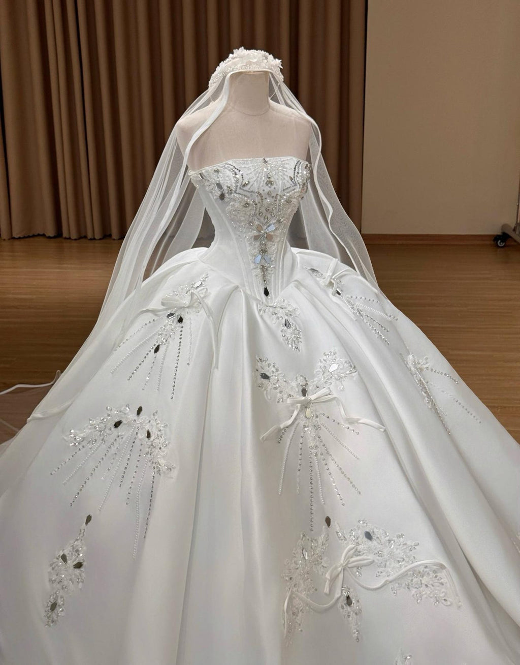 Strapless Satin Ballgown Wedding Gown, Hand Beaded Lace Bridal Dress, Bow Embellished Luxury Custom Wedding Dress With Train