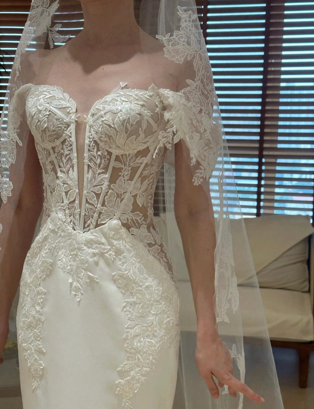 Off The Shoulder Mermaid Wedding Gown, Lace Applique Bridal Dress, Sheer Corset Back Wedding Dress, Custom Lace Mermaid Bridal Gown