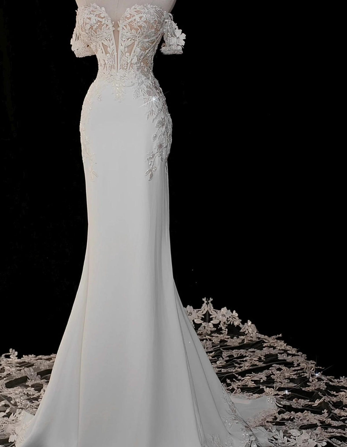 Off The Shoulder Mermaid Wedding Gown, Lace Applique Bridal Dress, Sheer Corset Back Wedding Dress, Custom Lace Mermaid Bridal Gown