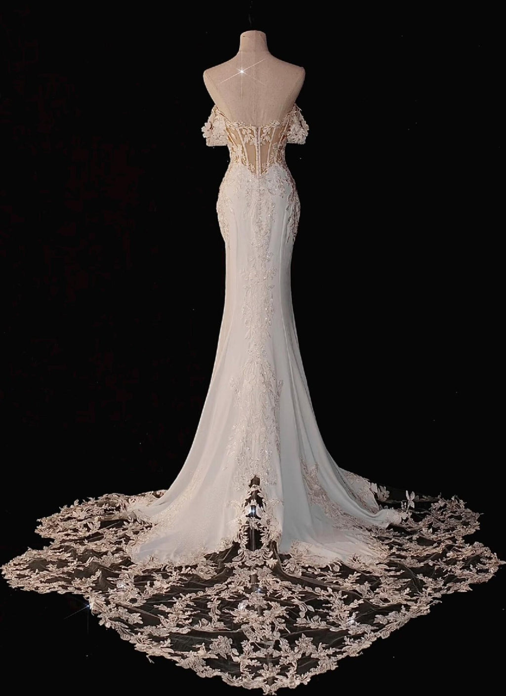 Off The Shoulder Mermaid Wedding Gown, Lace Applique Bridal Dress, Sheer Corset Back Wedding Dress, Custom Lace Mermaid Bridal Gown
