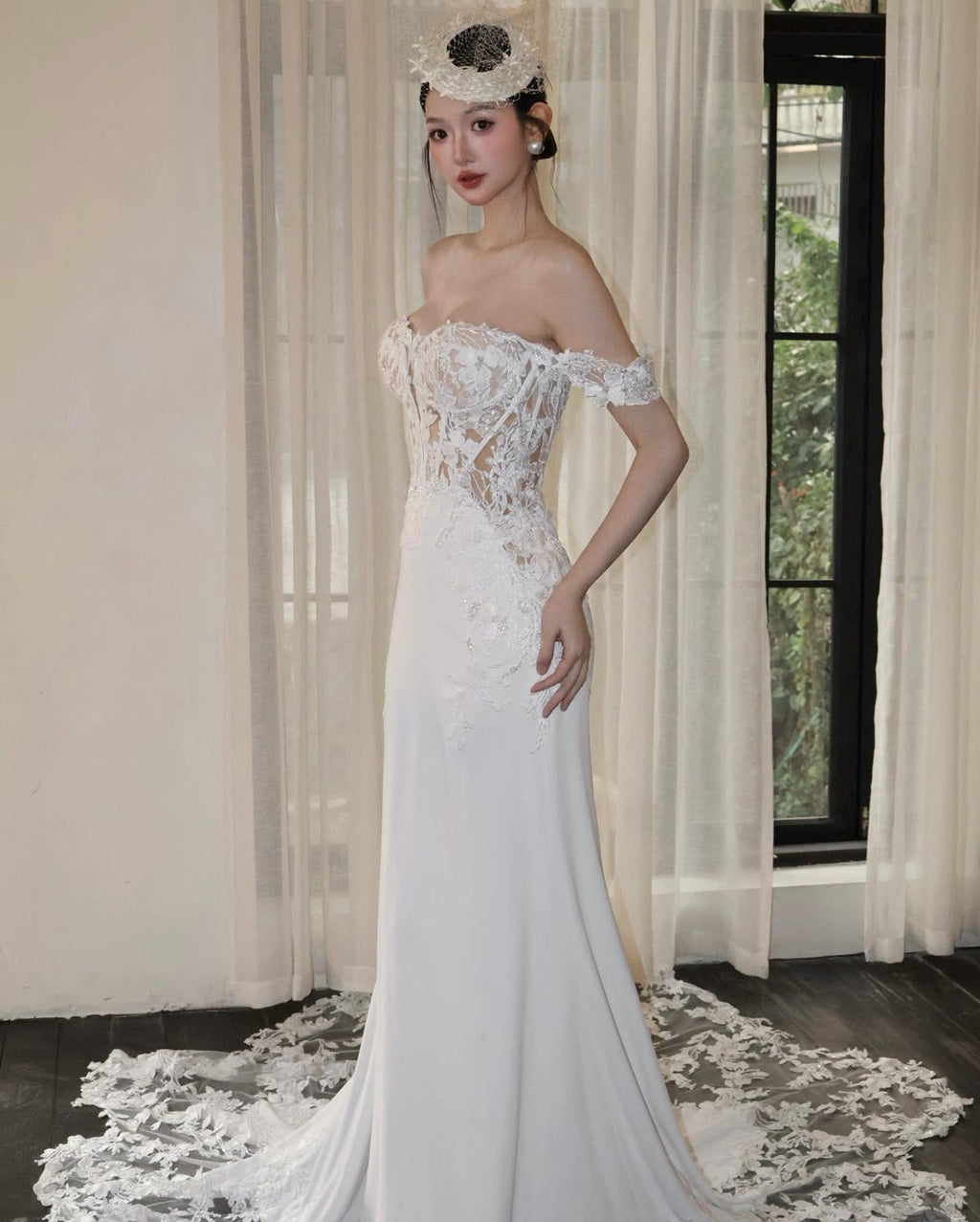 Off The Shoulder Mermaid Wedding Gown, Lace Applique Bridal Dress, Sheer Corset Back Wedding Dress, Custom Lace Mermaid Bridal Gown