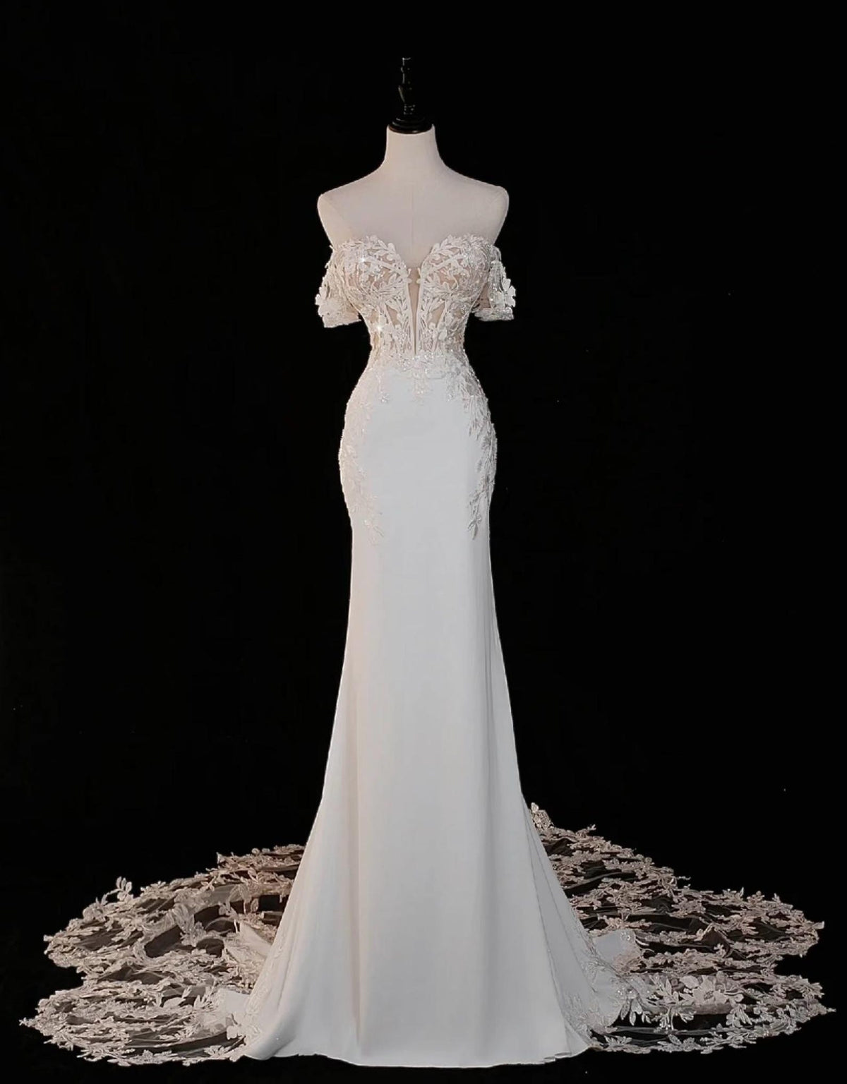Off The Shoulder Mermaid Wedding Gown, Lace Applique Bridal Dress, Sheer Corset Back Wedding Dress, Custom Lace Mermaid Bridal Gown
