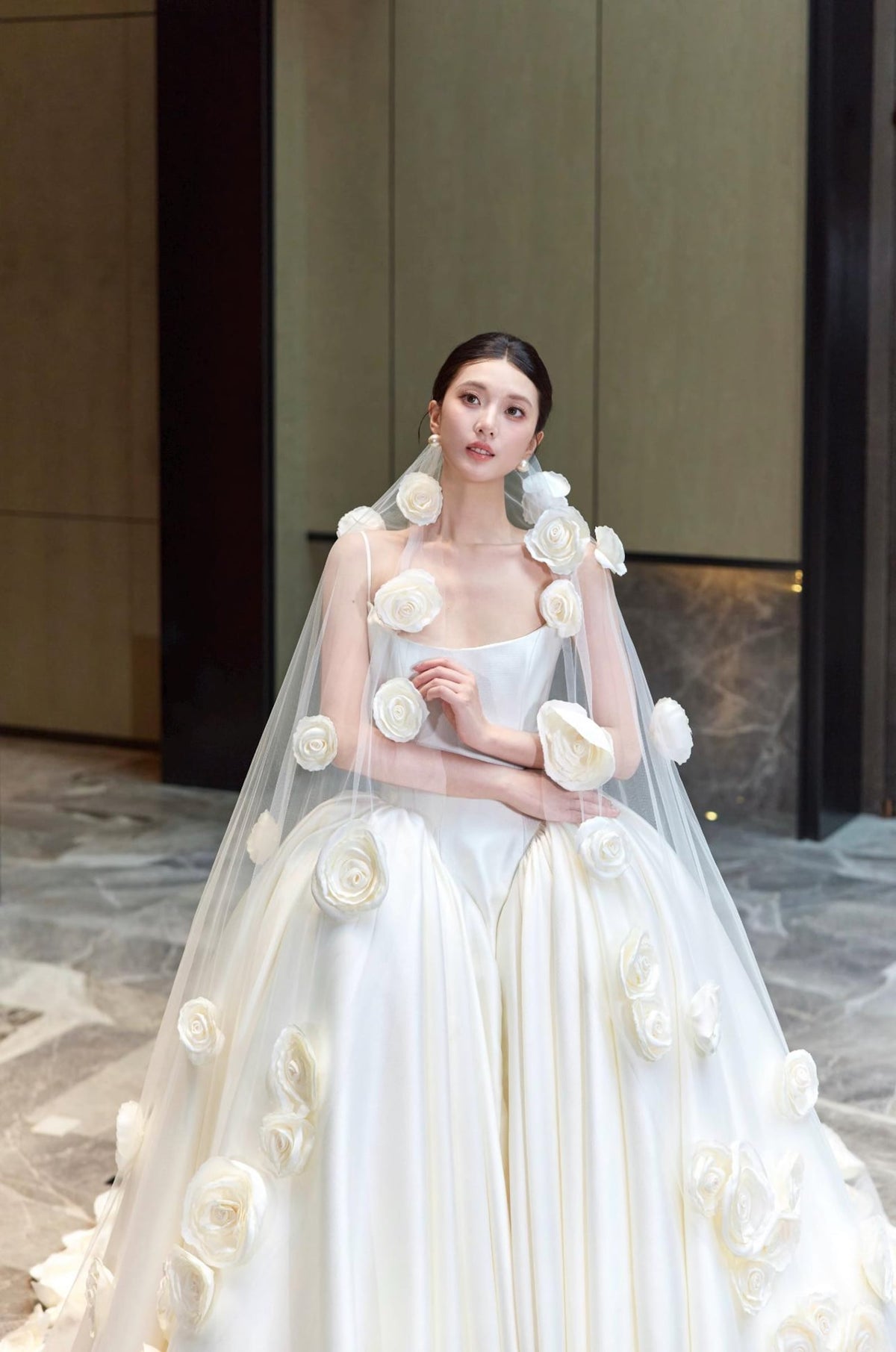 3D Floral Satin Wedding Gown, Spaghetti Strap Bridal Dress, Rose Flower A Line Wedding Dress, Custom Romantic Wedding Gown With Train