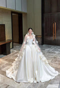 3D Floral Satin Wedding Gown, Spaghetti Strap Bridal Dress, Rose Flower A Line Wedding Dress, Custom Romantic Wedding Gown With Train