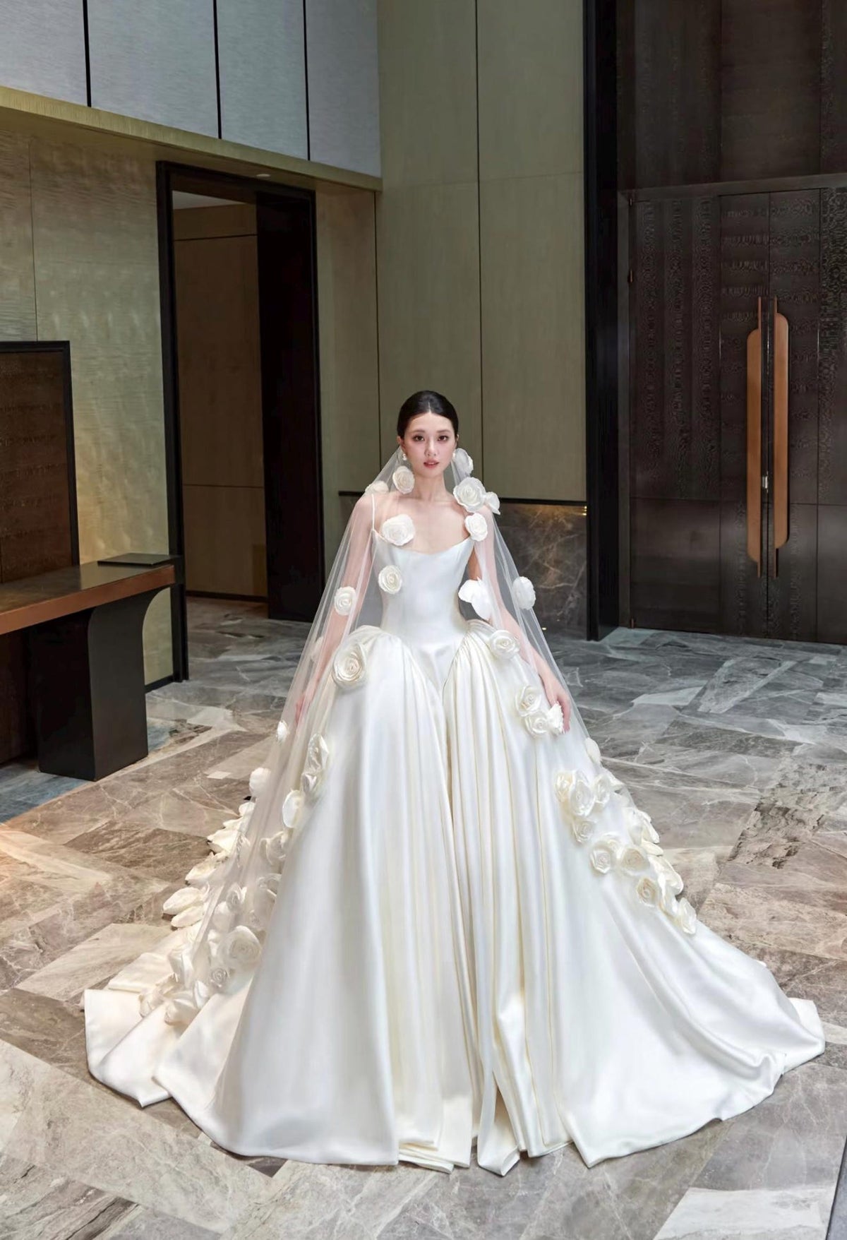 3D Floral Satin Wedding Gown, Spaghetti Strap Bridal Dress, Rose Flower A Line Wedding Dress, Custom Romantic Wedding Gown With Train