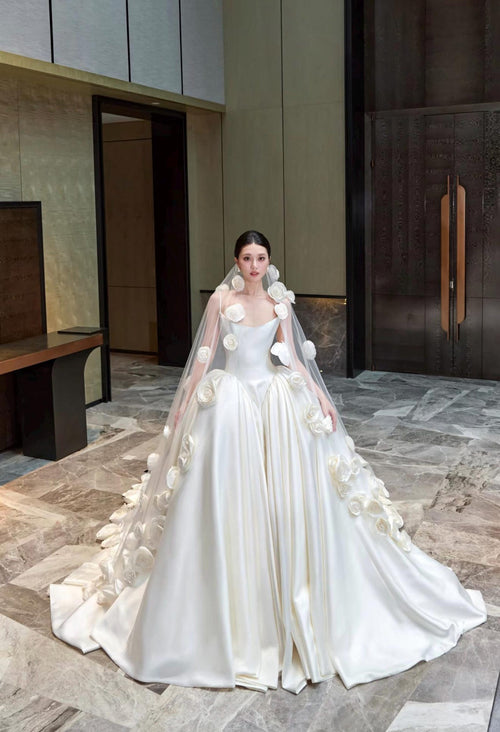 3D Floral Satin Wedding Gown, Spaghetti Strap Bridal Dress, Rose Flower A Line Wedding Dress, Custom Romantic Wedding Gown With Train