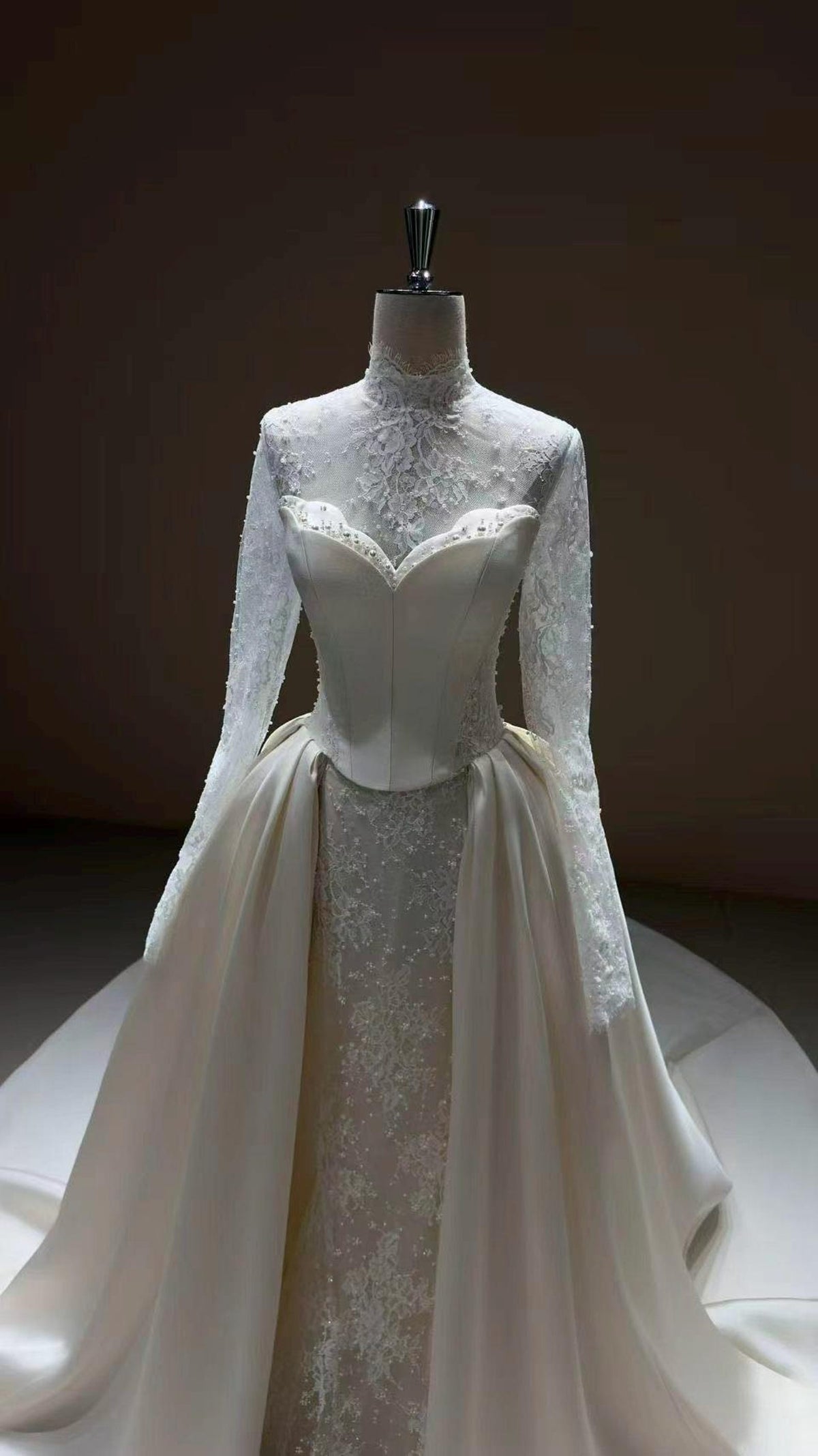 High Neck Lace Wedding Gown, Long Sleeve Bridal Dress, Detachable Satin Overskirt, Boned Corset Two Piece Wedding Gown With Train