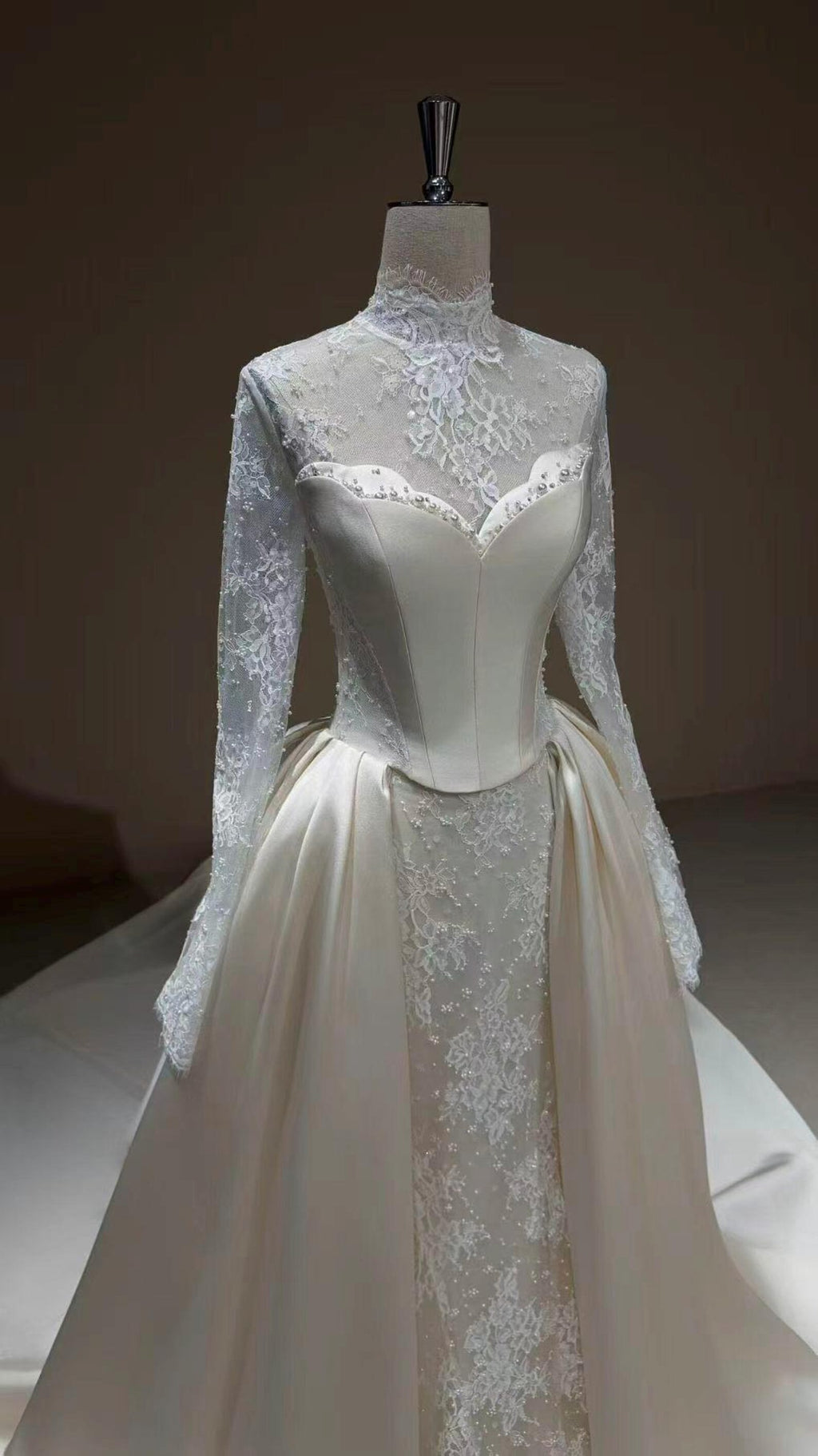 High Neck Lace Wedding Gown, Long Sleeve Bridal Dress, Detachable Satin Overskirt, Boned Corset Two Piece Wedding Gown With Train
