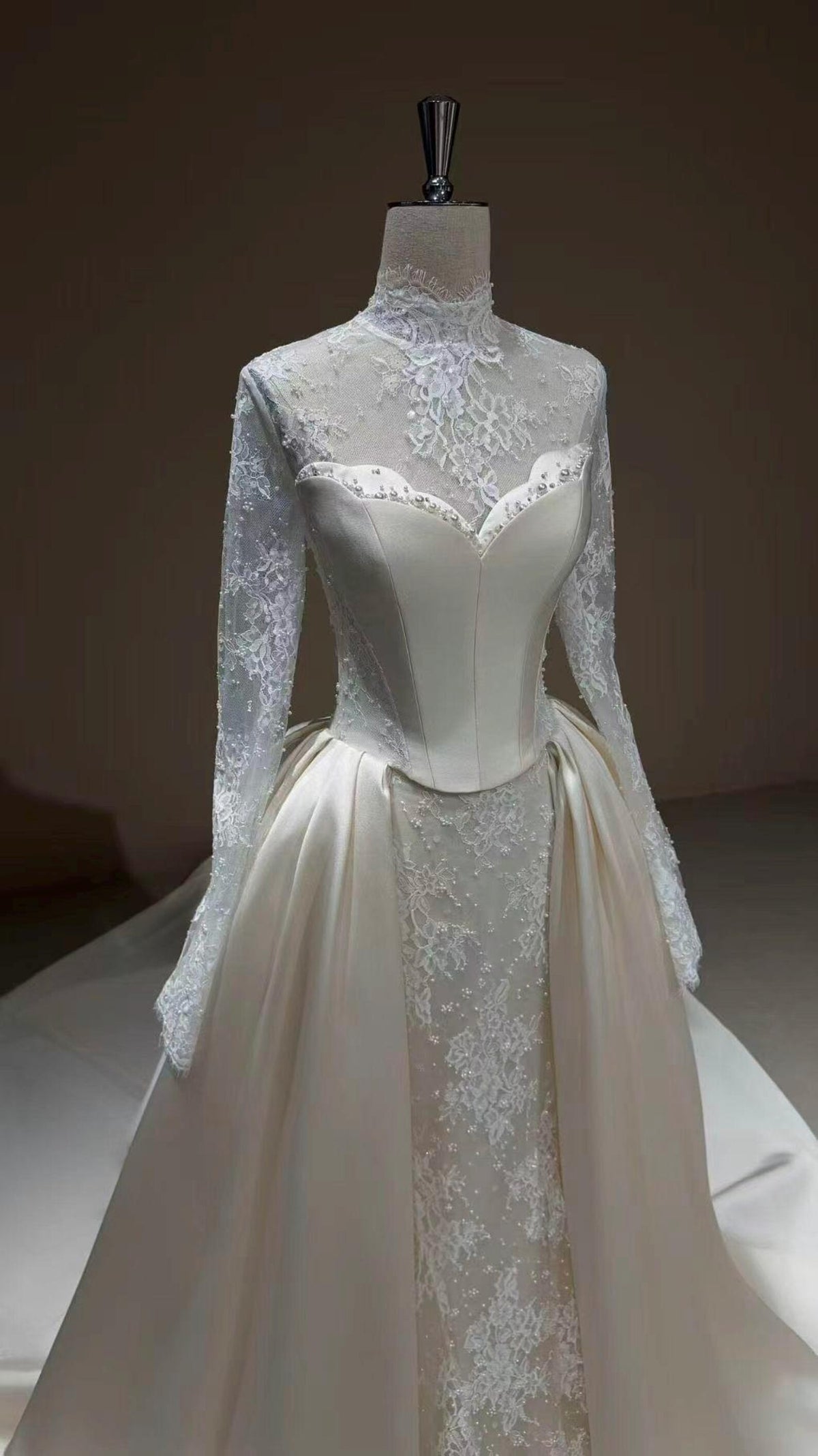 High Neck Lace Wedding Gown, Long Sleeve Bridal Dress, Detachable Satin Overskirt, Boned Corset Two Piece Wedding Gown With Train