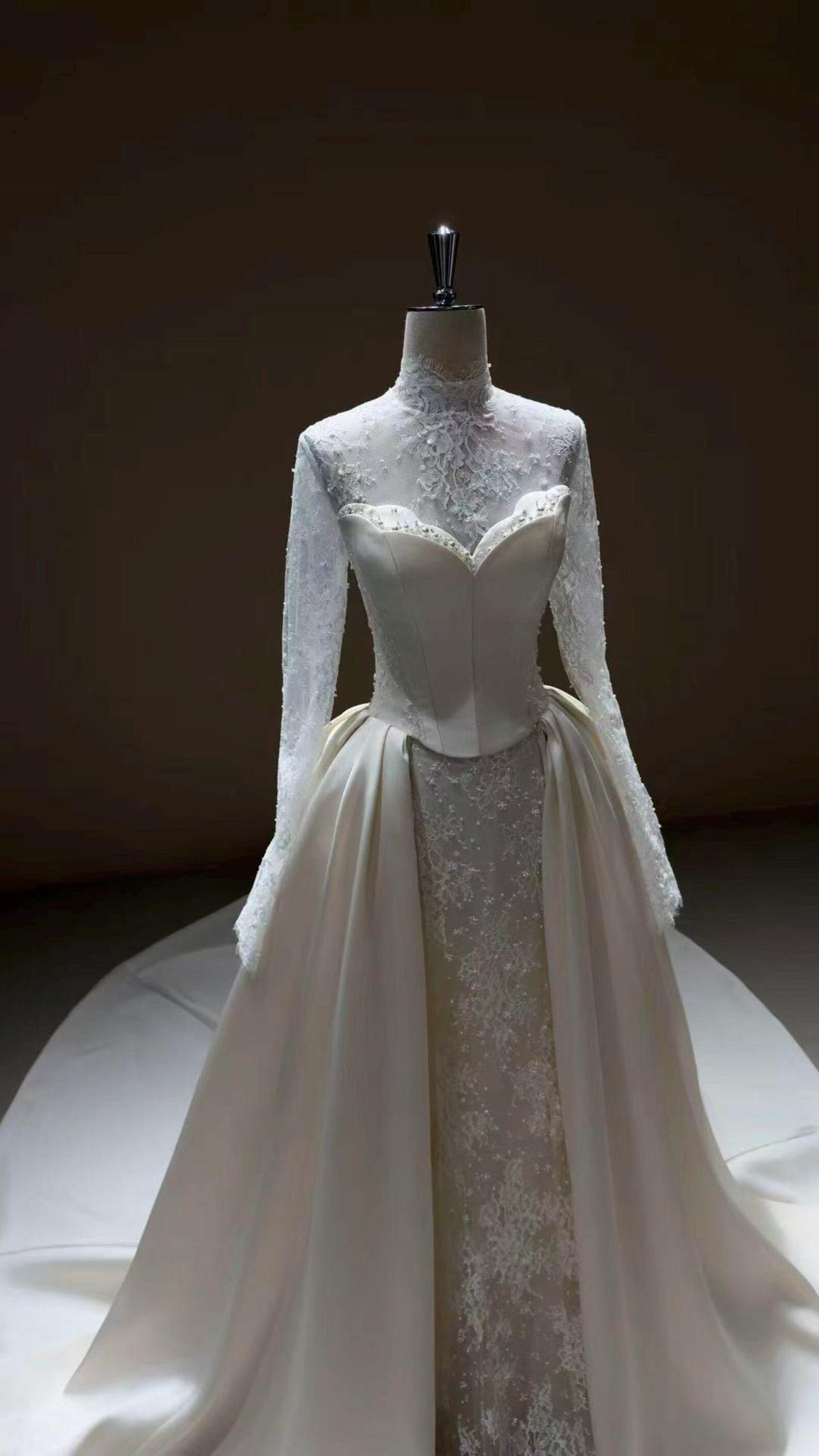 High Neck Lace Wedding Gown, Long Sleeve Bridal Dress, Detachable Satin Overskirt, Boned Corset Two Piece Wedding Gown With Train
