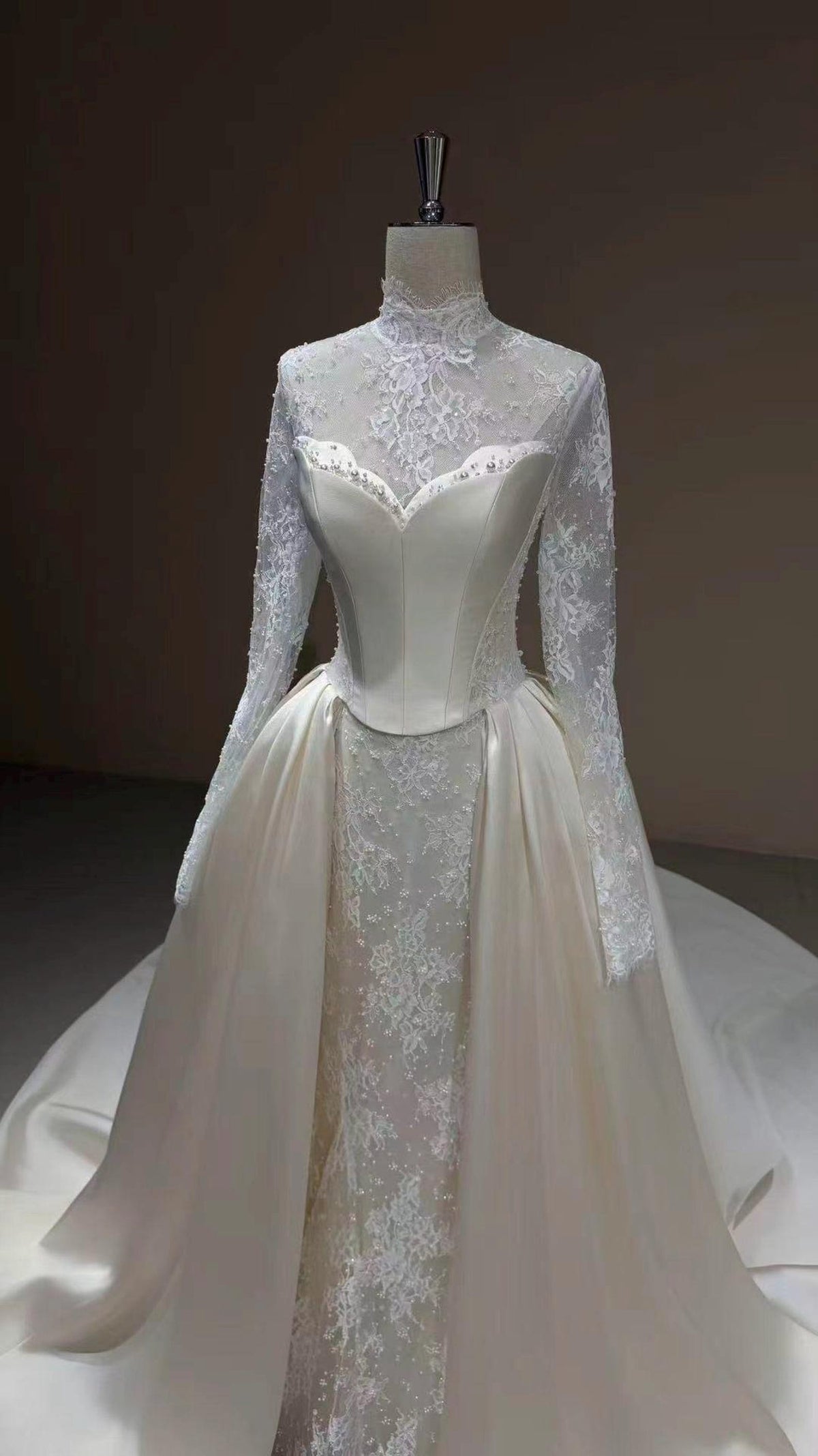 High Neck Lace Wedding Gown, Long Sleeve Bridal Dress, Detachable Satin Overskirt, Boned Corset Two Piece Wedding Gown With Train