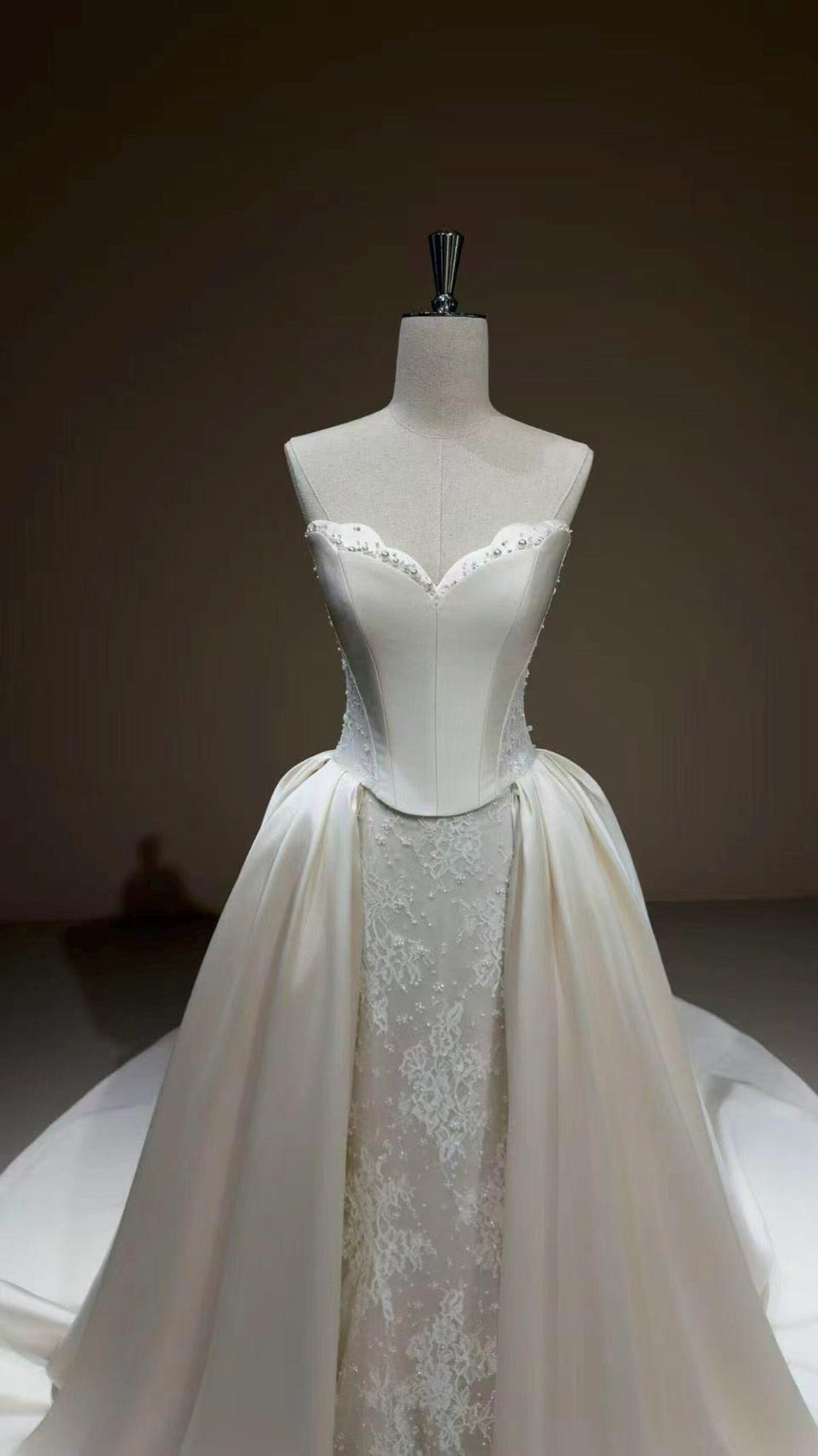 High Neck Lace Wedding Gown, Long Sleeve Bridal Dress, Detachable Satin Overskirt, Boned Corset Two Piece Wedding Gown With Train