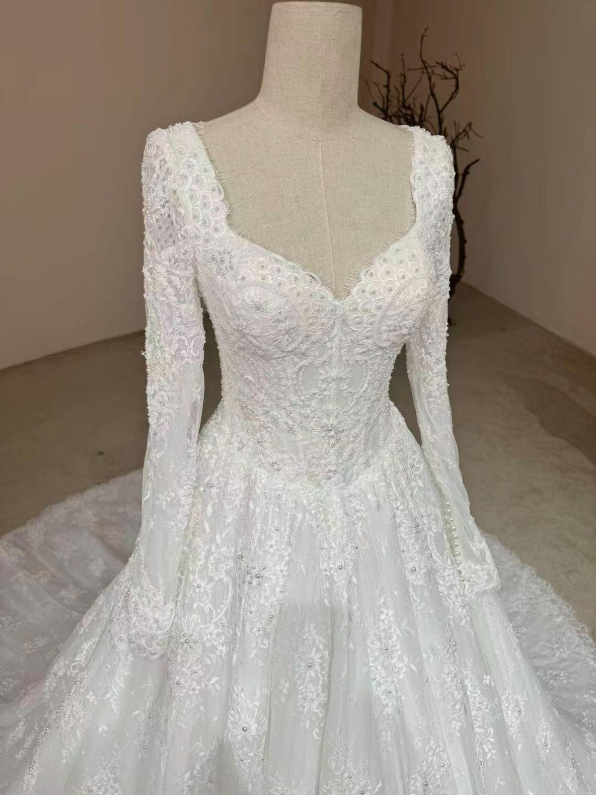 Square Sweetheart Lace Ballgown Wedding Gown, Long Sleeve Beaded Bridal Dress, Floral Lace A Line Wedding Gown With Train
