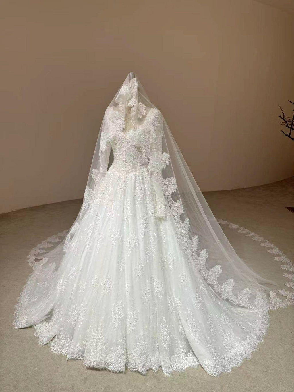 Square Sweetheart Lace Ballgown Wedding Gown, Long Sleeve Beaded Bridal Dress, Floral Lace A Line Wedding Gown With Train