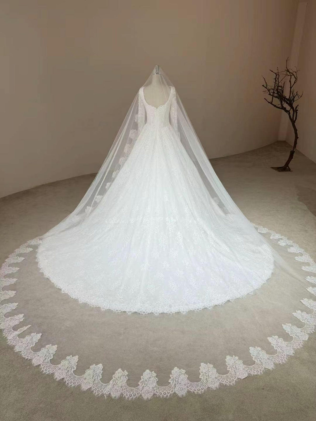 Square Sweetheart Lace Ballgown Wedding Gown, Long Sleeve Beaded Bridal Dress, Floral Lace A Line Wedding Gown With Train