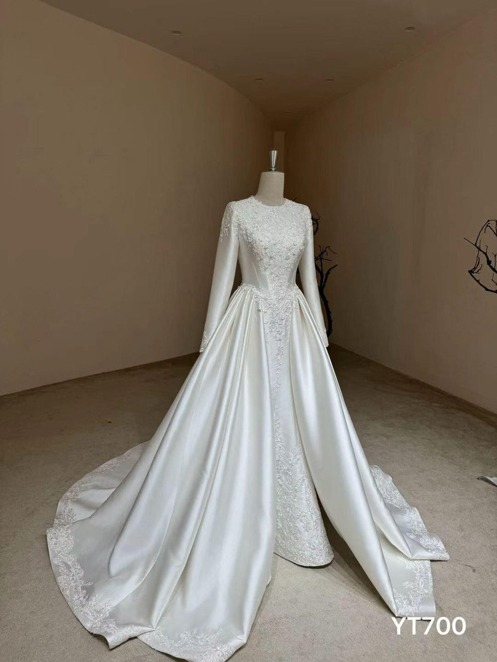 Long Sleeve Satin Ballgown Wedding Dress, Round Neck Lace Appliqué Bridal Gown With Cathedral Train