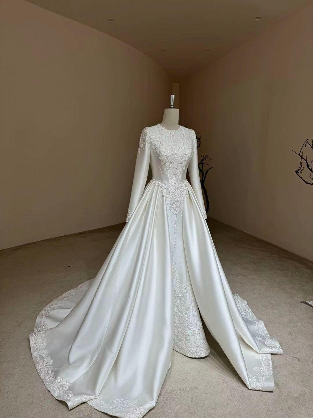 Long Sleeve Satin Ballgown Wedding Dress, Round Neck Lace Appliqué Bridal Gown With Cathedral Train