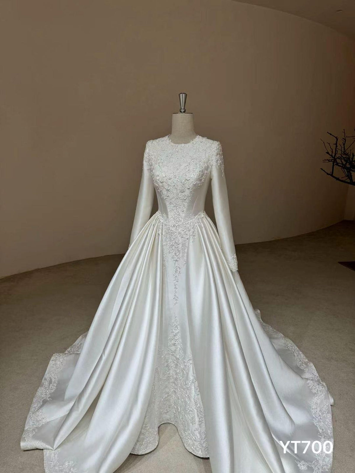 Long Sleeve Satin Ballgown Wedding Dress, Round Neck Lace Appliqué Bridal Gown With Cathedral Train