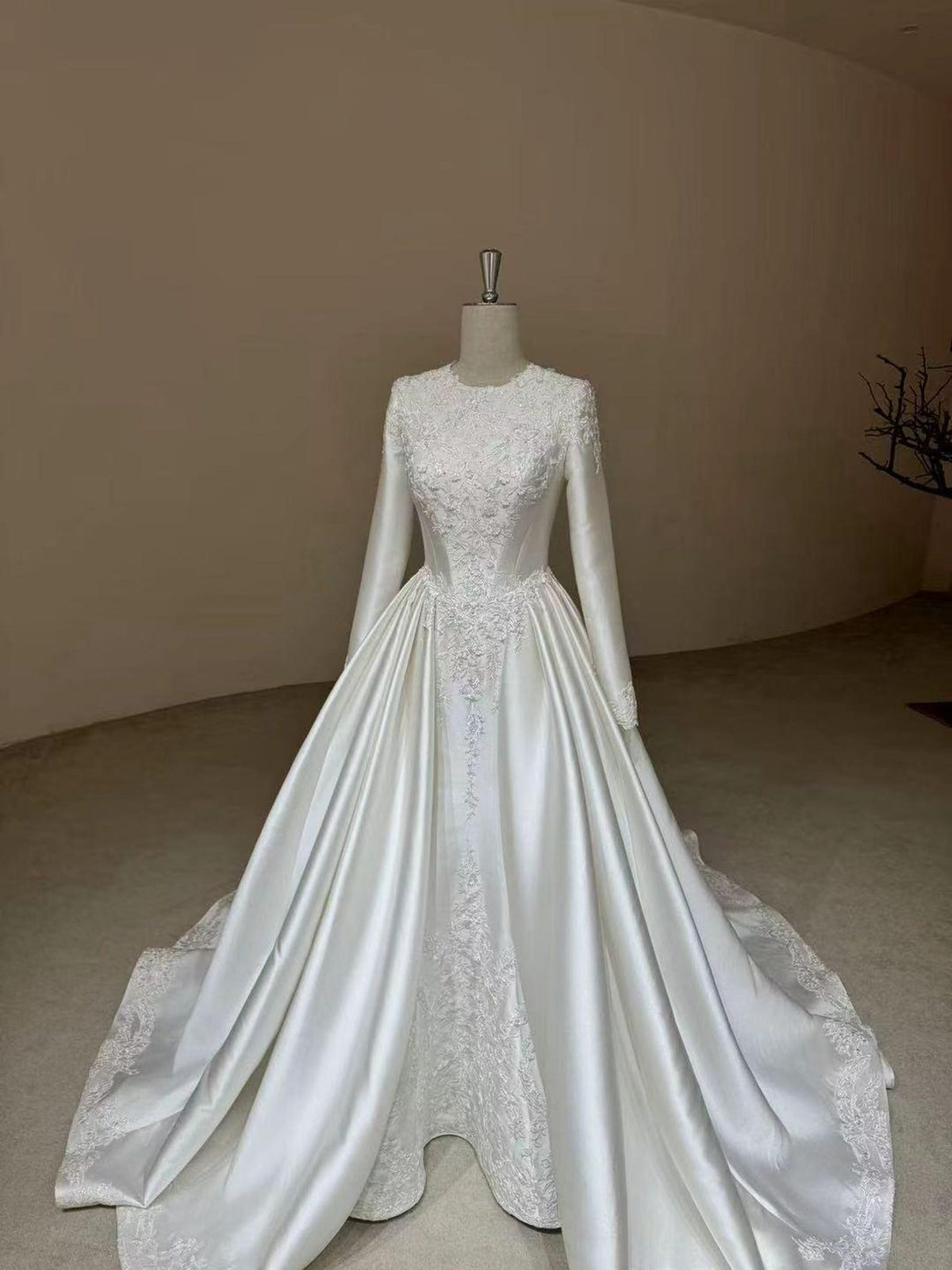 Long Sleeve Satin Ballgown Wedding Dress, Round Neck Lace Appliqué Bridal Gown With Cathedral Train